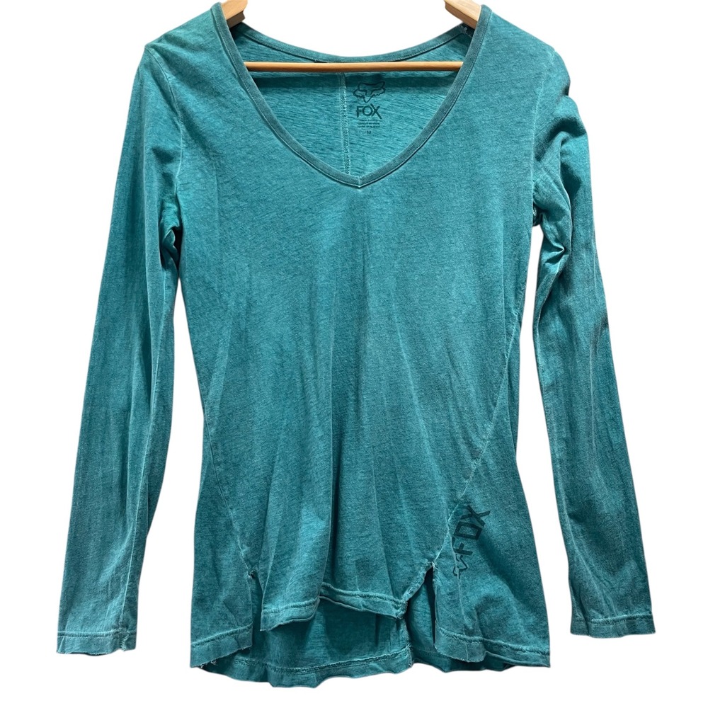 Fox Racing Long Sleeve Top Women Medium Teal Asymmetrical‎ Split Hem Shirt Moto